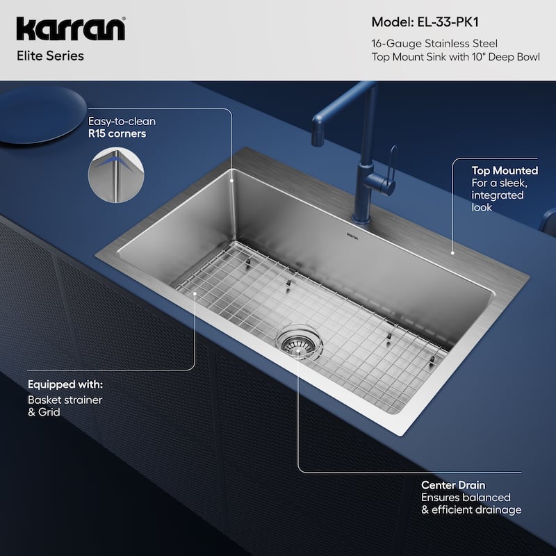 Karran 33" Top Mount Single Bowl Stainless Steel Kitchen Sink Kit