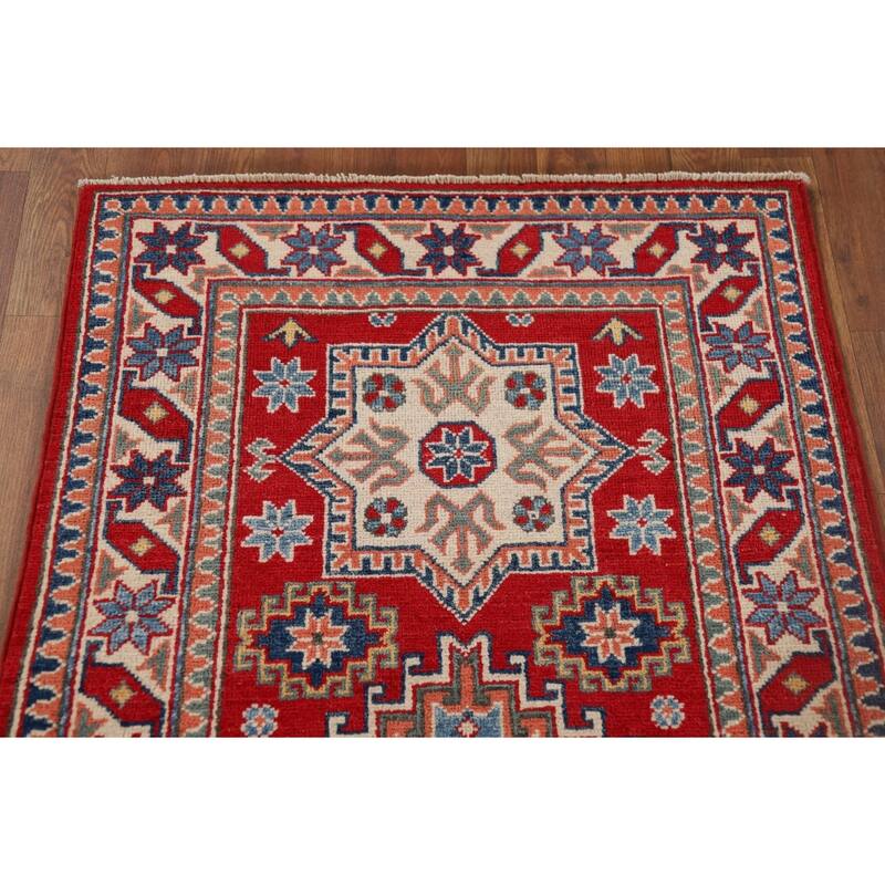 Red Geometric Kazak Oriental Runner Rug Hand-Knotted Wool Carpet - 2'8" x 9'7"