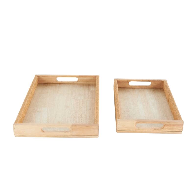 Light Brown Wood Handmade Living Room Decor Tray with Wrapped Rope Edges and Slit Handles (Set of 2)