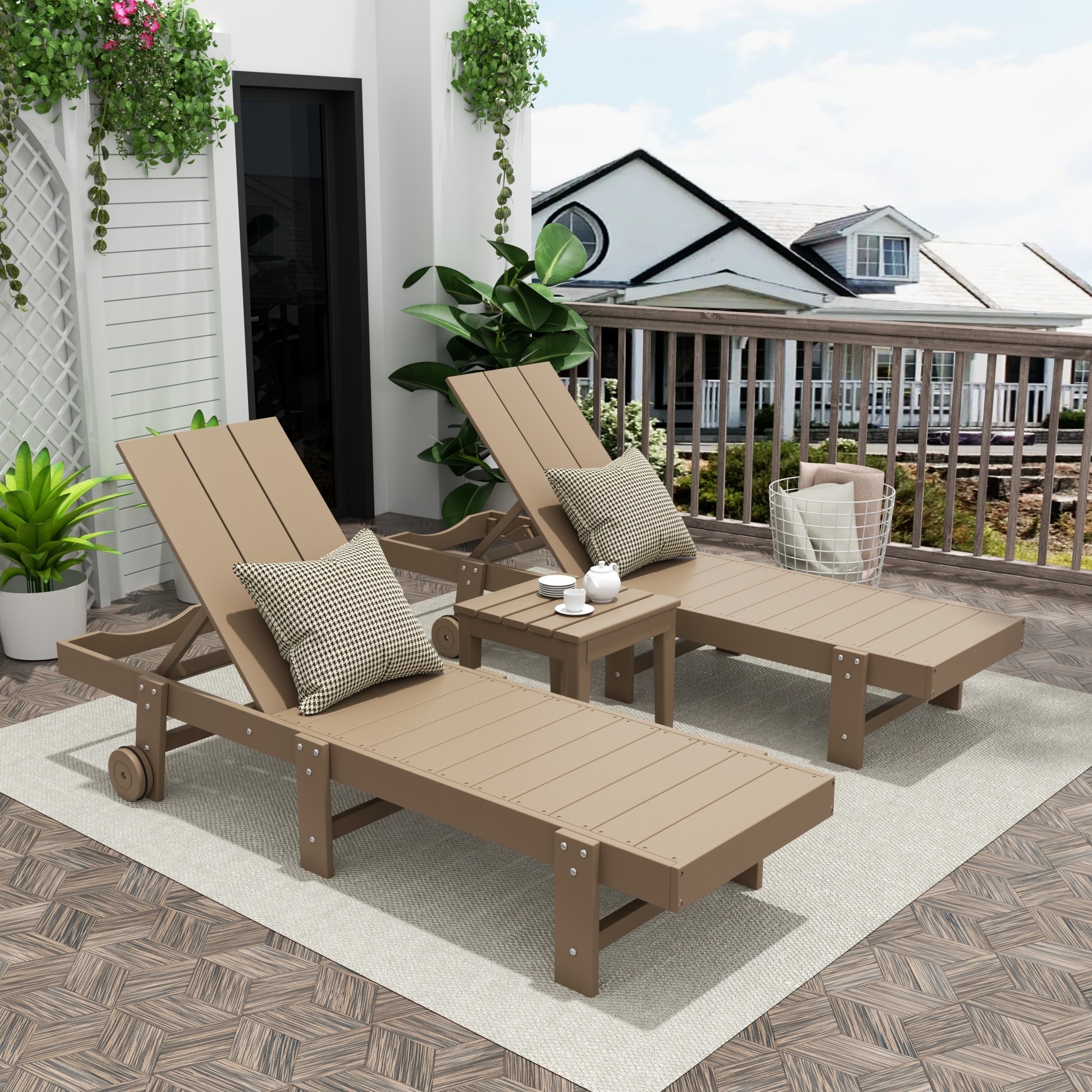 Shoreside Modern Poly Eco-Friendly All Weather Reclining Chaise Lounge With Wheels and Side Table (2-Piece Set)
