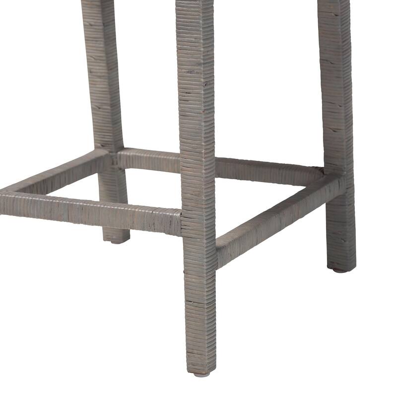 Sofia Rattan Counter Stool with Mahogany Wood - Handwoven Wicker Counter Height, Coastal Kitchen Island Seating, French Grey