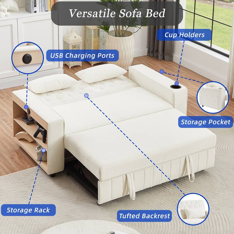 61.41" Chenille Convertible Sofa Bed with Adjustable Backrest, USB & Cup Holders