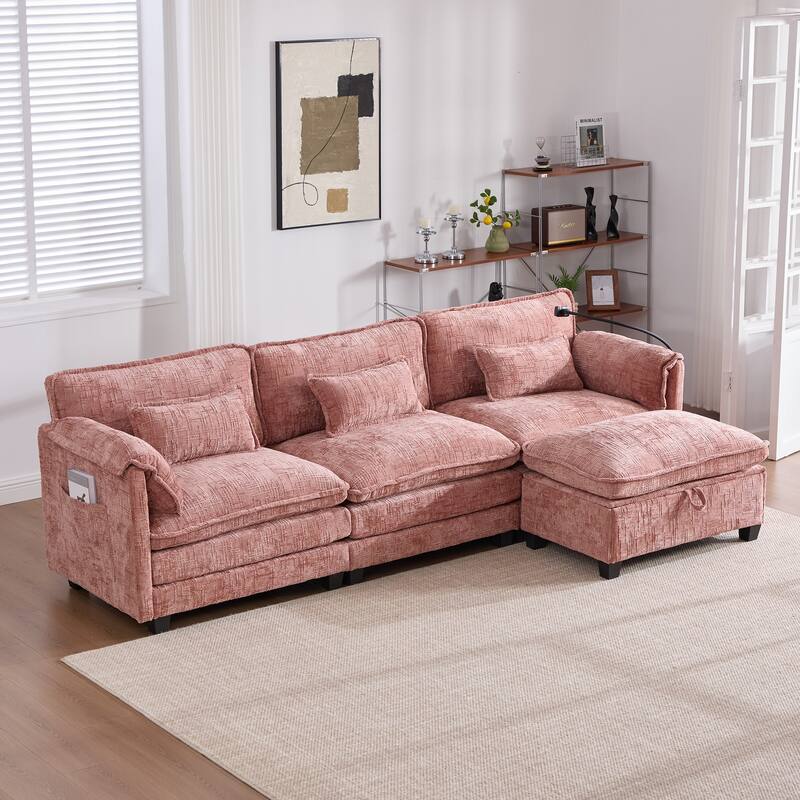HOMEFUN Chenille Upholstered L-shaped Phone Holder Modular Sectional Sleeper Sofa with Movable Storage Ottoman - Pink