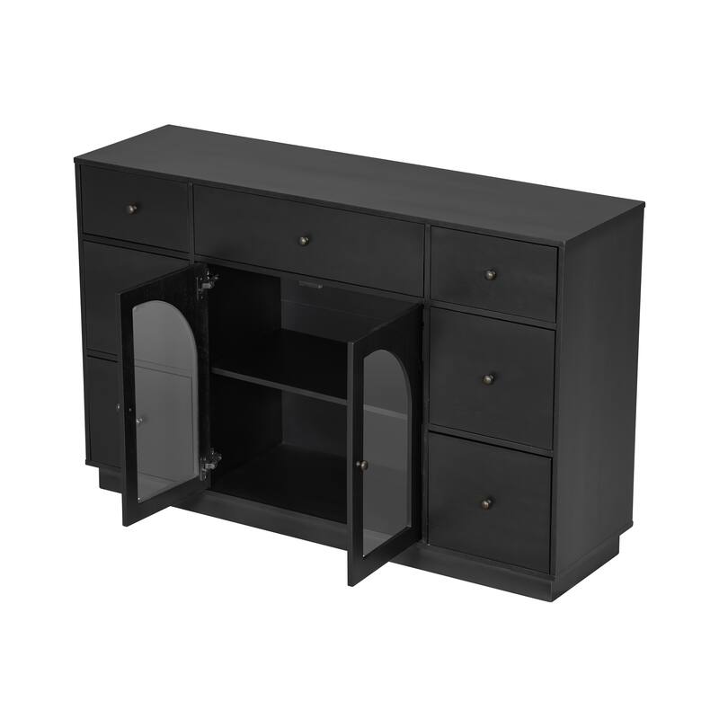 Roomfitters Large Sideboard Storage Cabinet with 7 Drawers and 2 Glass Doors