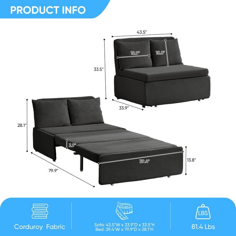 Mixoy Corduroy Fabric Queen Size/Twin Size Sofa Bed, 2-in-1 Modern Pull Out Sleeper Sofa Bed