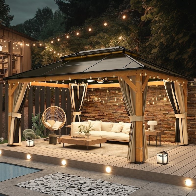 Erommy Hardtop Wood Gazebo with Double Roof – Free Dust Cover with 12x16 or 12x20 Model – Waterproof Outdoor Gazebo - 12'x16' - Wood Frame
