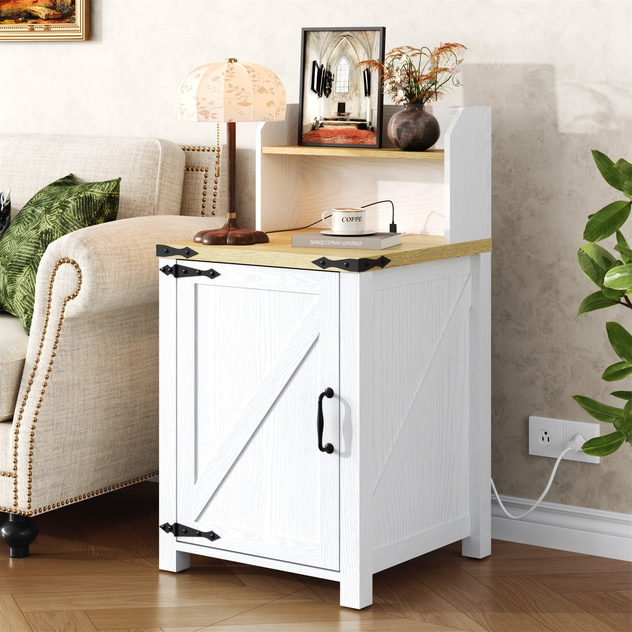 18 Inch Farmhouse Nightstand with Charging Station and Adjustable Storage Shelf