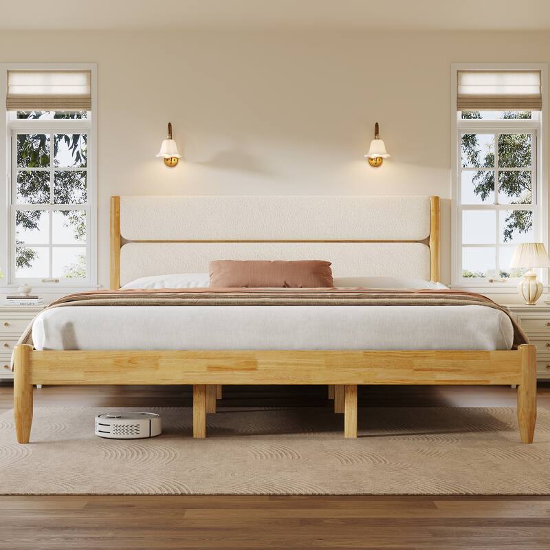 Solid Wood Platform Bed Frame with Ivory Fleece Upholstered Headboard, Wood Slats Support and Center Wood Legs