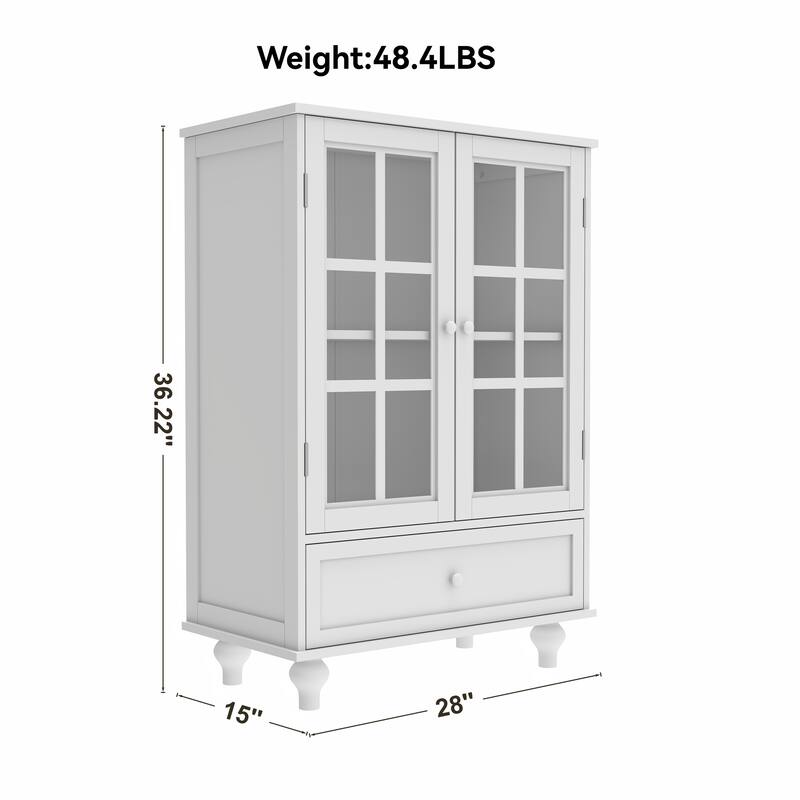 Modern Wooden Buffet Cabinet with Double Glass Doors & Drawer, Storage Sideboard for Dining Room & Entryway