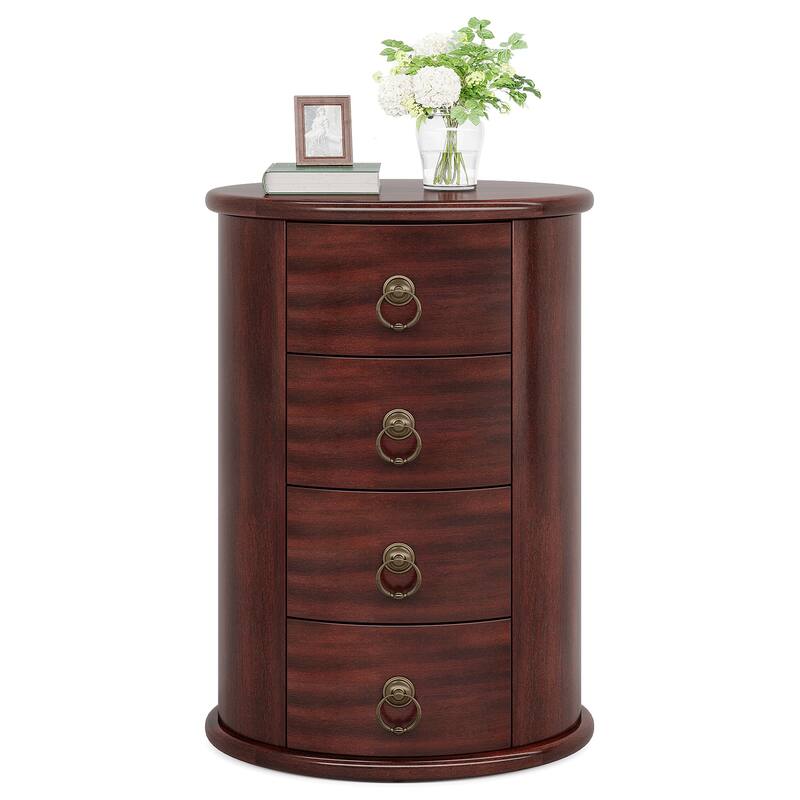 Solid Wood Bedside Table, Round Nightstand with 4 Drawers