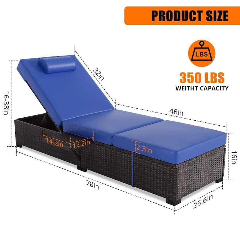 PE Rattan Chaise Lounge Chair Set of 2, 2.3 in Thicken Cushion