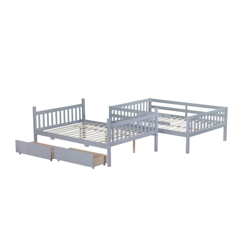 Full Over full Rubber Wood Bunk Bed with 2 Drawers, into 2 full Beds, full Size Bunk Bed with Ladder and Safety Guardrails