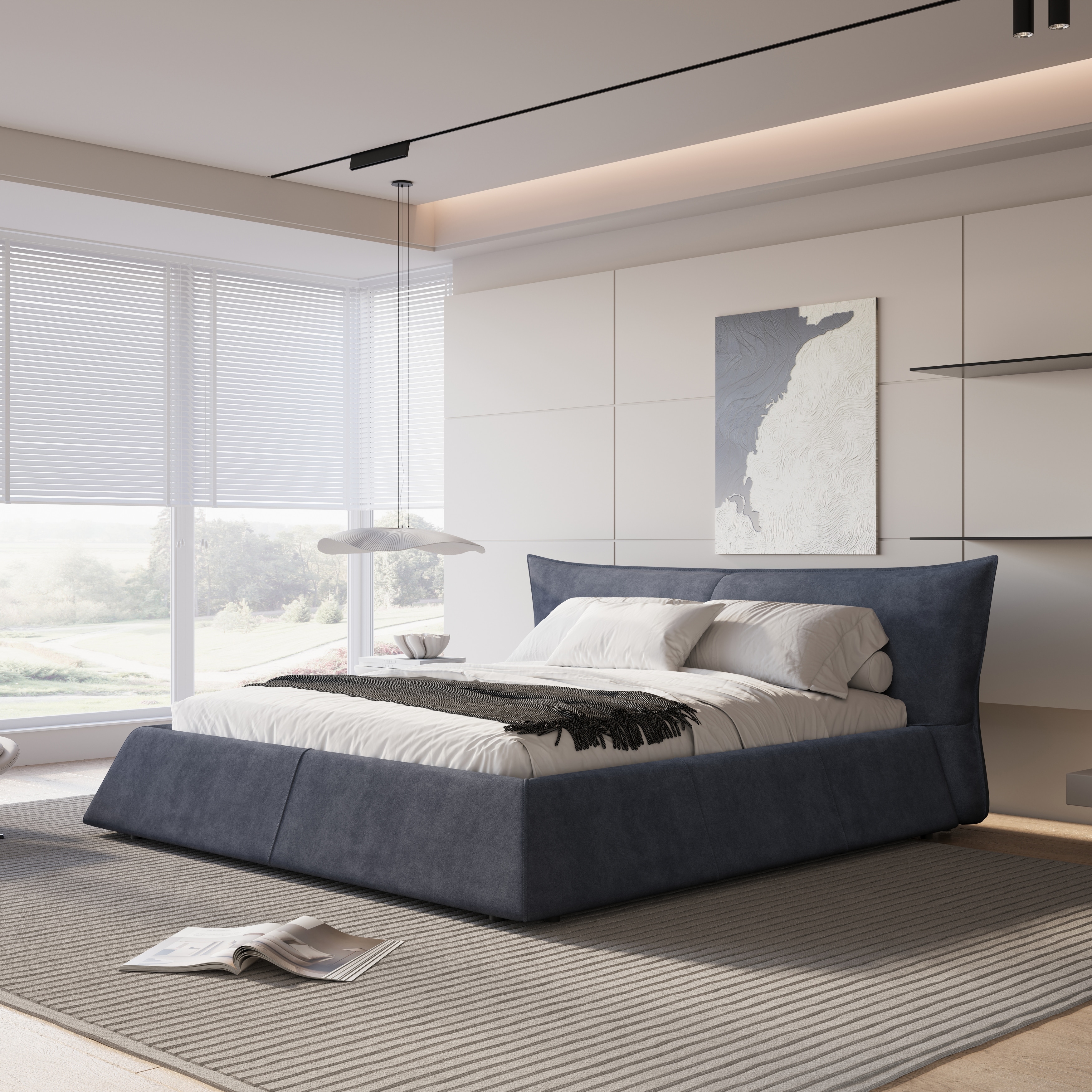 Nordic Creative King Size Wood Upholstered Platform Bed with Special Shaped Velvet Headboard for Kids Teens Adults Cream