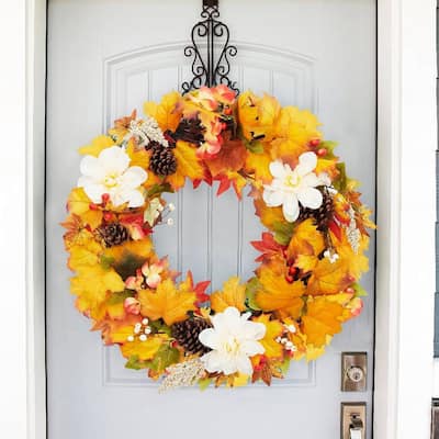 24 Inch Autumn Maple Leaf Wreath for Front Door Window Fireplace - N/A