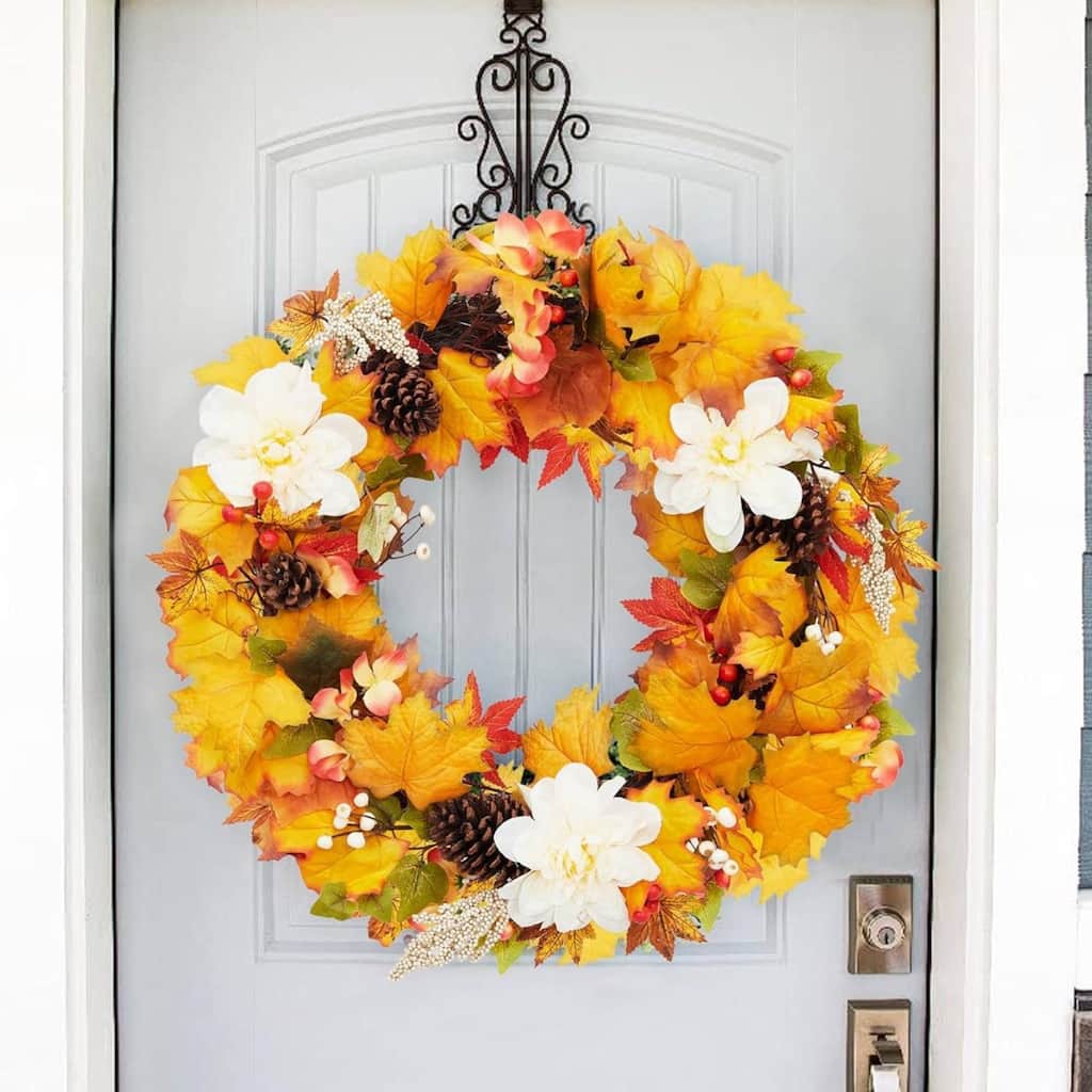 24 Inch Autumn Maple Leaf Wreath for Front Door Window Fireplace - N/A
