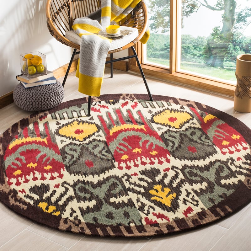 SAFAVIEH Handmade Ikat Gulhayo Modern Wool Rug - 6' Round - Creme/Brown