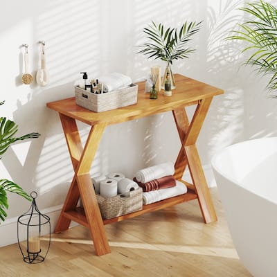 35.5" Teak Wood Console Table with Storage Shelf and X-Cross Legs for Living Room or Bathroom - 35.5" x 16" x 28"