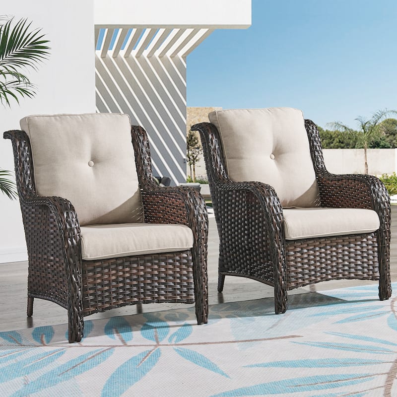 Outdoor Wicker High Back Club Chair with Cushions (Set of 2)
