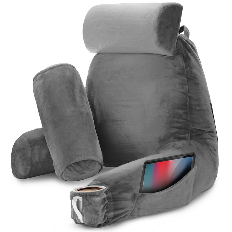 Nestl Memory Foam Reading Pillow with Backrest, Arms and Pockets - Large - Charcoal Stone Gray