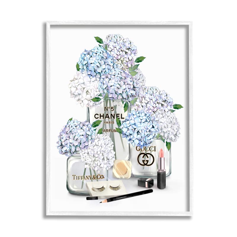 Stupell Glam White Blue Hydrangeas Designer Perfume Bottles Lipstick Illustration Framed Wall Art - 24 x 30 - White