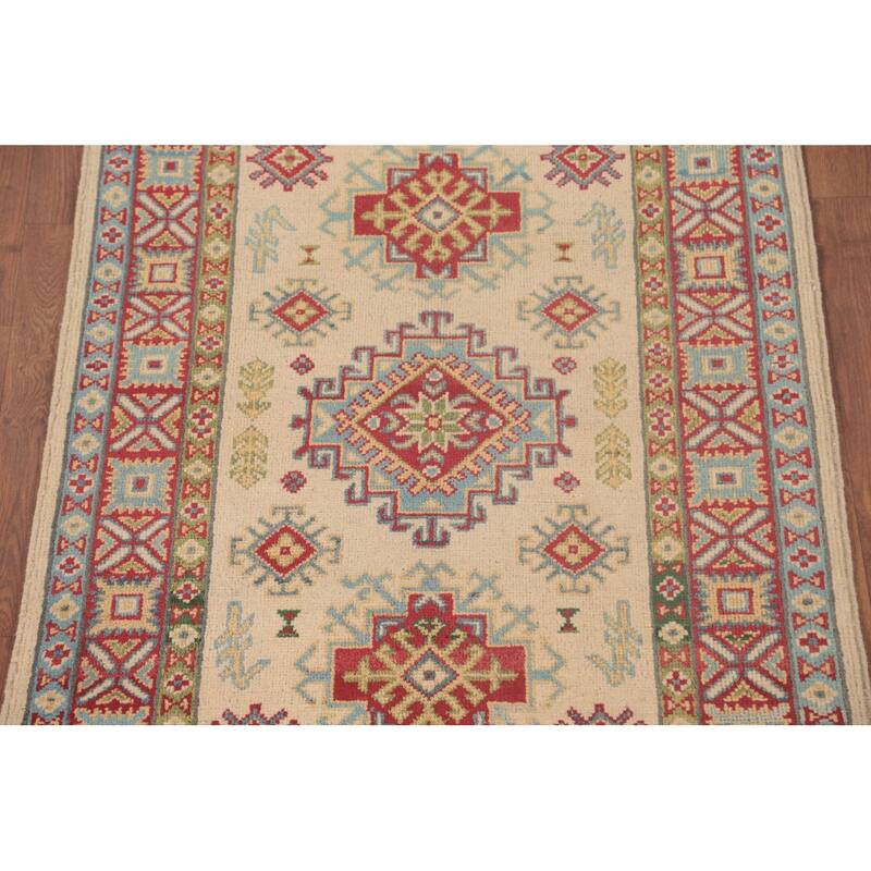 Geometric Kazak Foyer Rug Hand-Knotted Wool Carpet - 2'10" x 4'1"