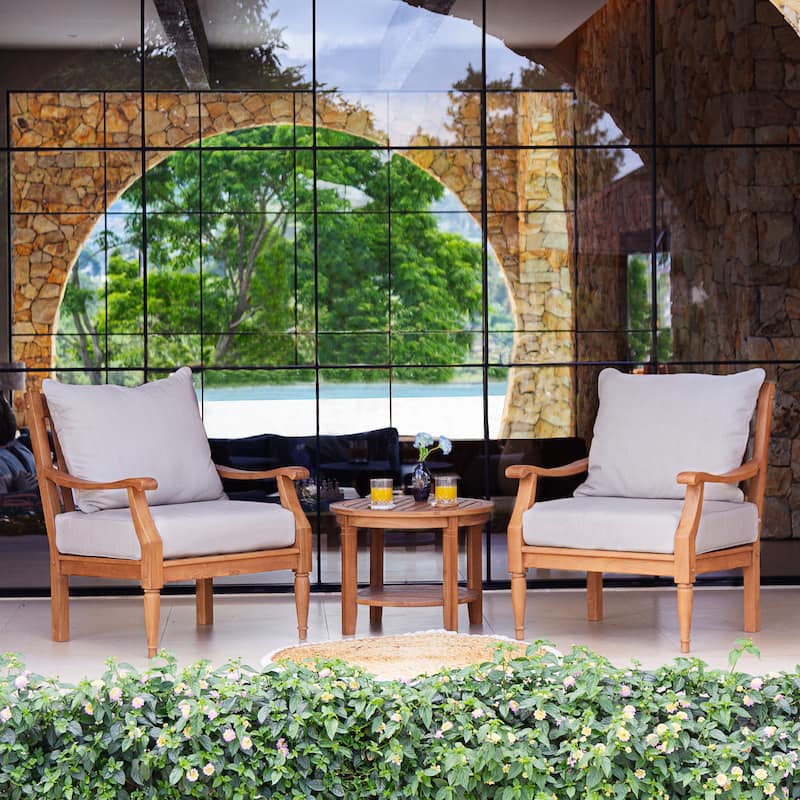 Cambridge Casual Livingston 3-piece outdoor patio conversation sets with Cushions - Natural Teak/Beige Cushion