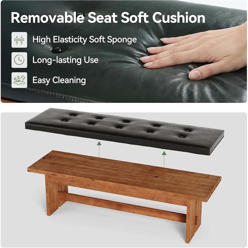 55 Inches Solid Wood Bench with Cushion for Bedroom