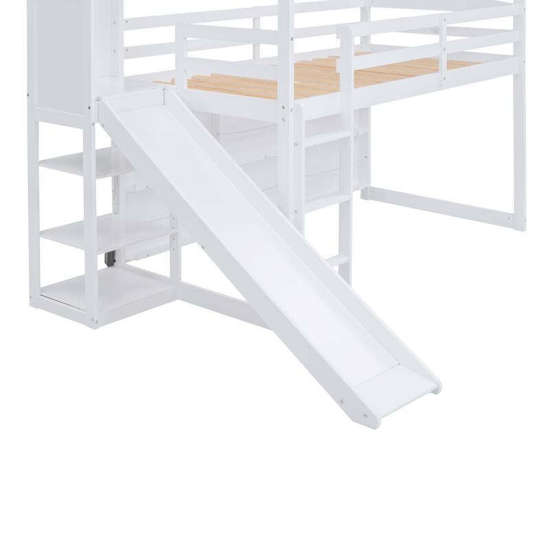Twin Size Wood Loft Bed with Slide, Storage Shelves, and Light in White