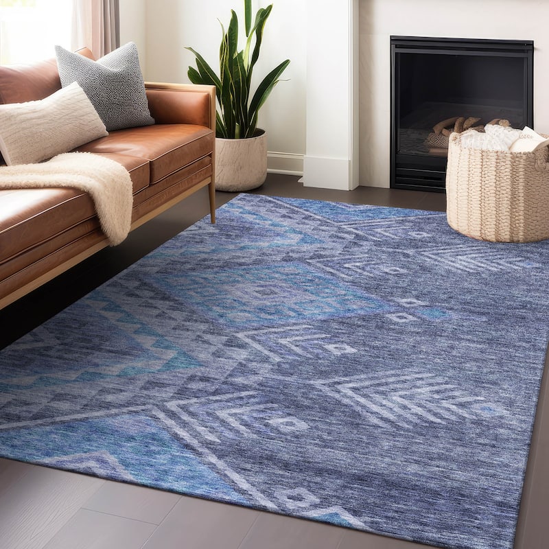 Machine Washable Indoor/ Outdoor Boho Tribal Chantille Rug - Navy - 3' x 5'