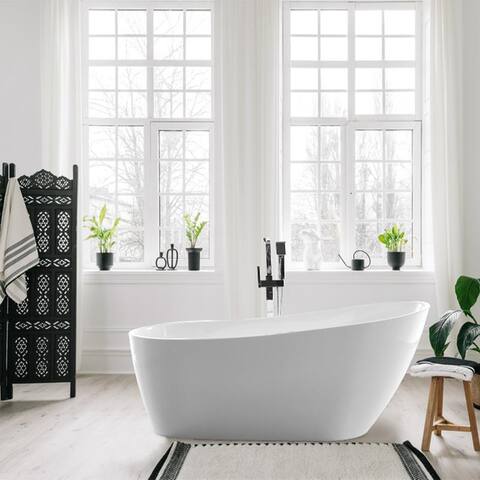 Vanity Art 67" X 32" White Acrylic Freestanding Air Bubble Soaking Bathtub with UPC Certified Overflow and Pop-up Drain
