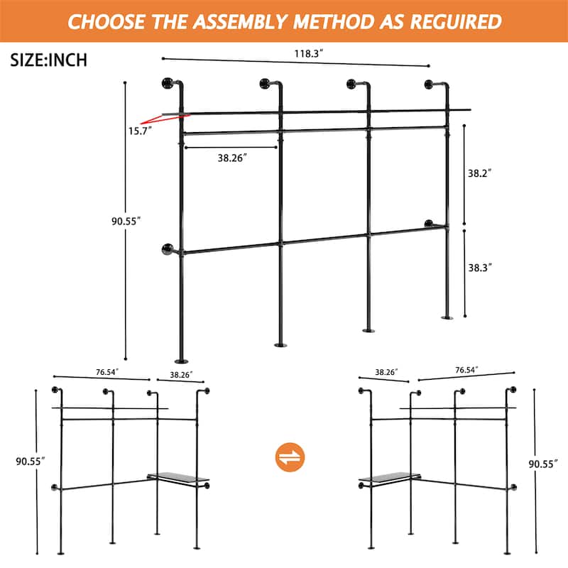 Industrial Pipe Clothing Rack with LED Lights, 118.3" Heavy Duty Wall-Mounted Closet Organizer with Shelves and 6 Hanging Rods