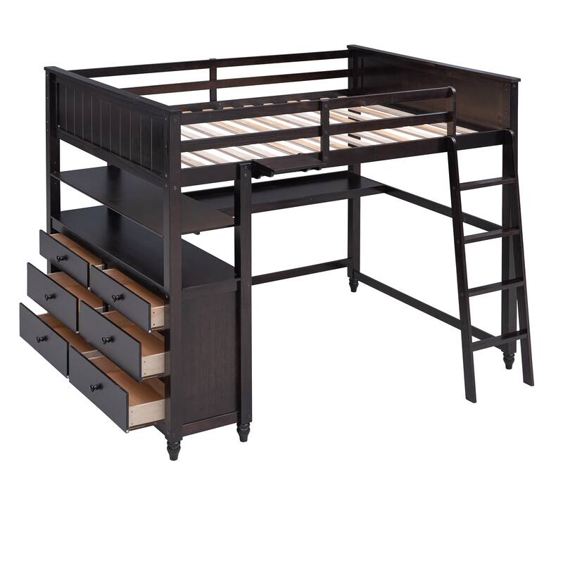 Full Size Loft Bed with Desk, Drawers, and Storage Shelves for Maximized Space