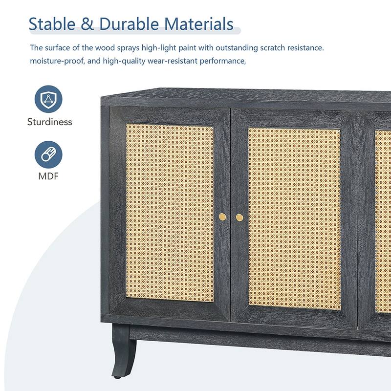 Sideboard Buffet Cabinet, Rattan Accent Cabinet Storage Cabinet with 4 Doors & Adjustable Shelves - 59.8“W