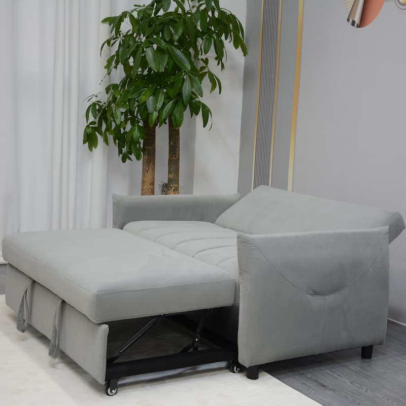 Convertible Sleeper Loveseat Sofa Bed, Adjustable Back, Velvet Fabric, Light Gray