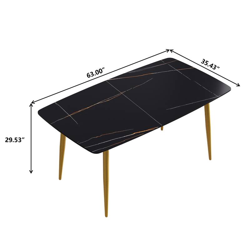 63" Modern Dining Table,Sintered Stone Tabletop and Solid Gold Carbon Steel Base