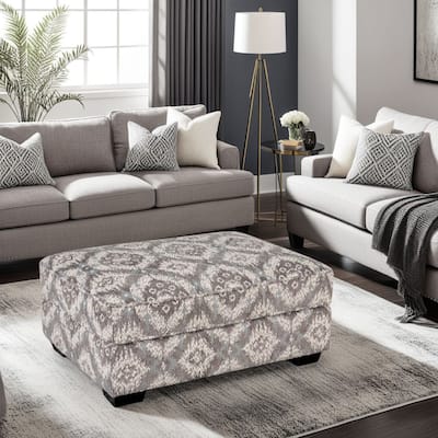 Berrie Ottoman, Geometric Gray White Polyester, Solid Wood, 40 Inch