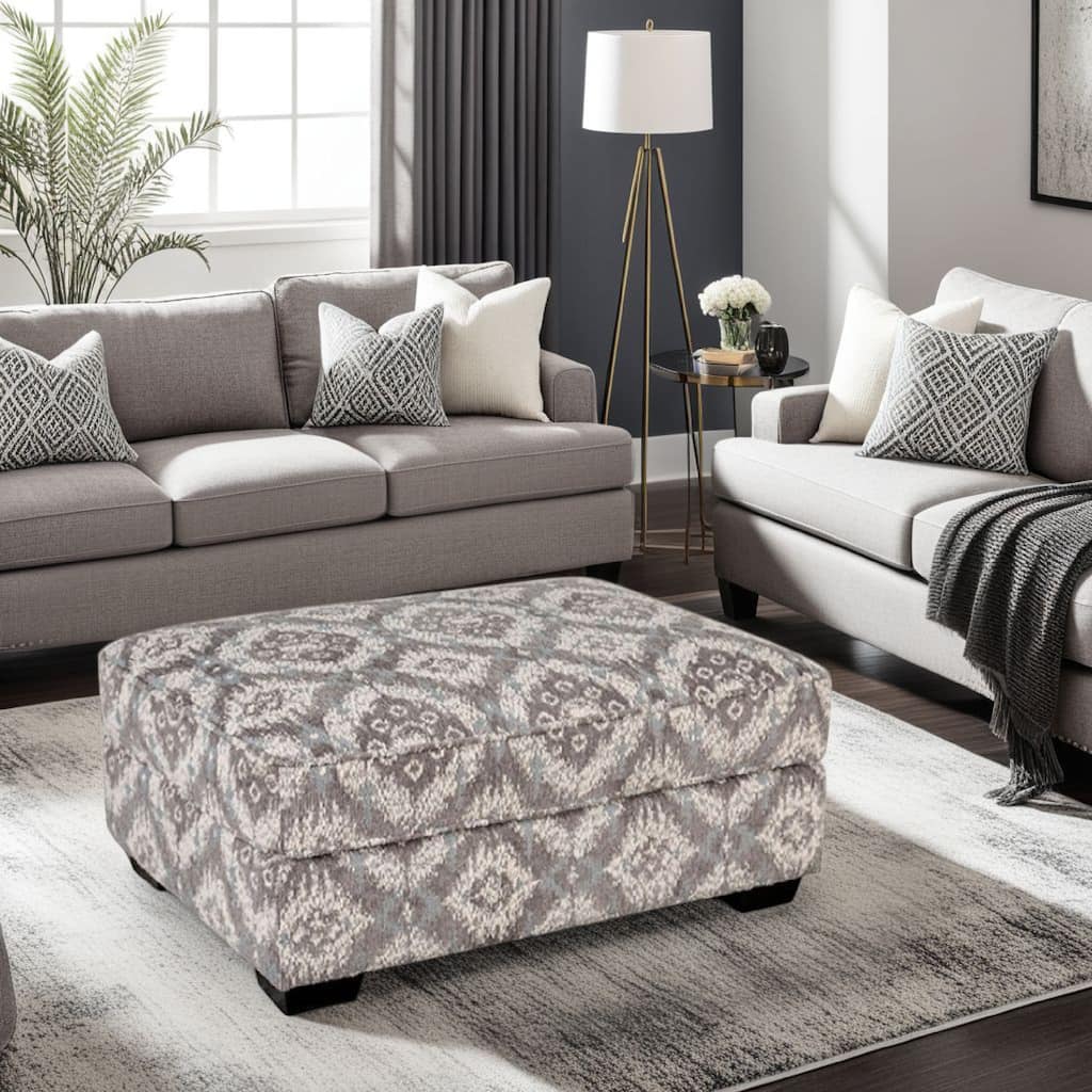 Berrie Ottoman, Geometric Gray White Polyester, Solid Wood, 40 Inch