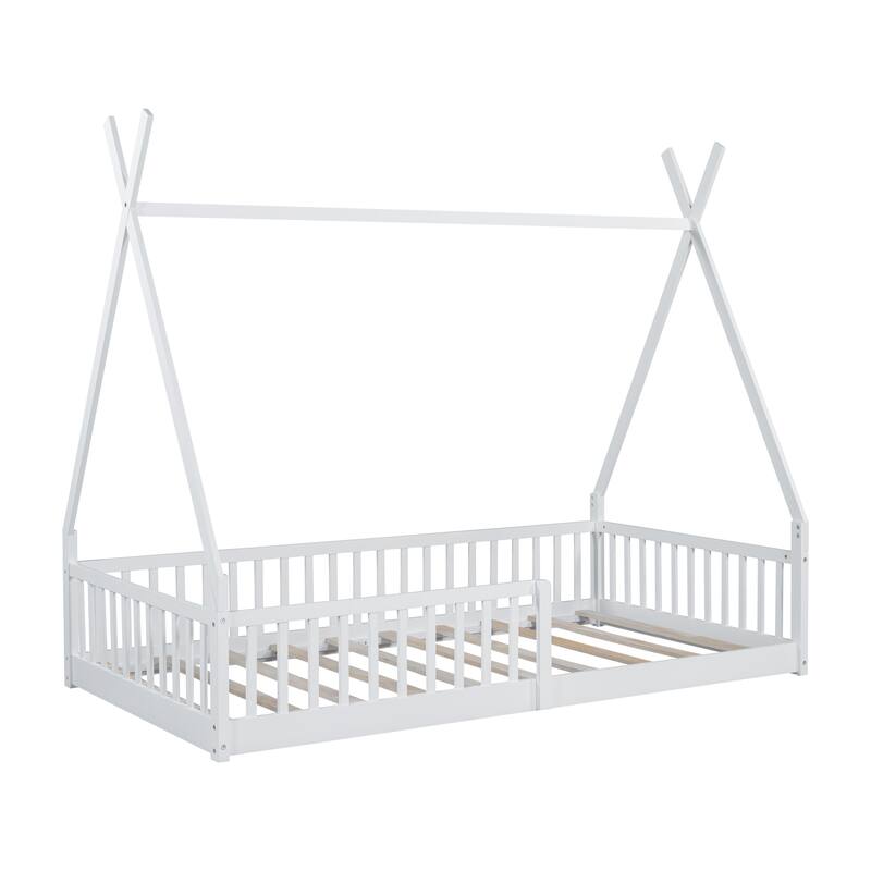 Twin Size Floor Bed, Platform Bed Frame with Fence and Roof, Solid Wood Playhouse Bedframe w/Open Door, No Box Spring Needed