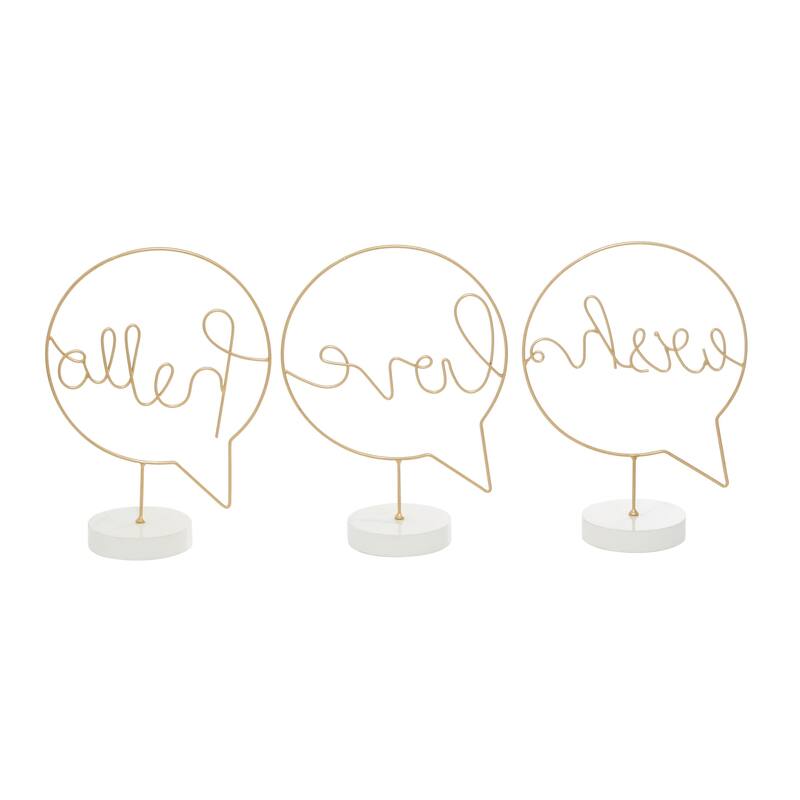 Wooden Hello, Love, Wish Decorative Sign with Text Bubble Design - Set of 3 Gold - Roche River Decor