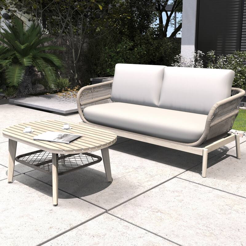 2-Piece Outdoor Acacia Wood Sofa Set with Coffee Table