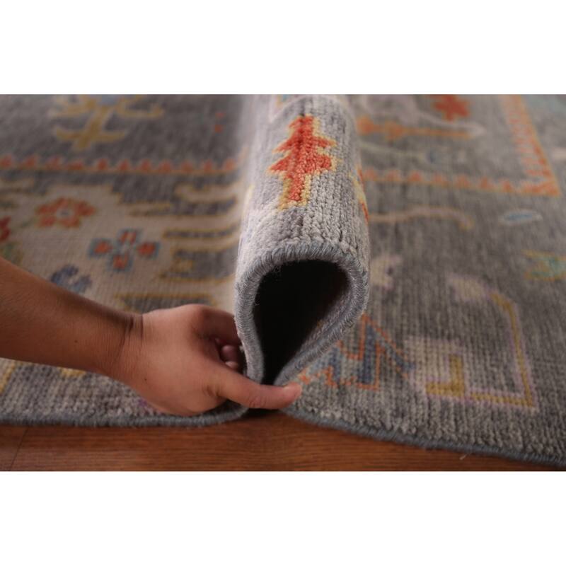 All-Over Gray Floral Oushak Indian Area Rug Hand-Knotted Wool Carpet - 7'10"x 9'8"