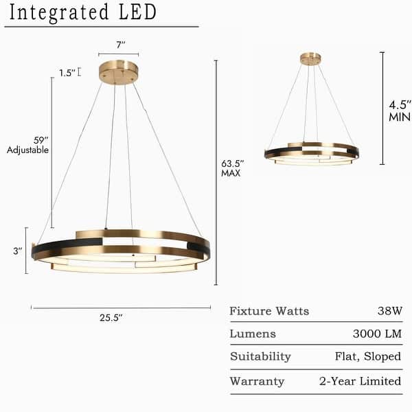 dimension image slide 1 of 2, Modern Contemporary Black Gold Wheel Chandelier Integrated LED Round Pendant Light for Dining Room - 25.5" D x 63.5" H