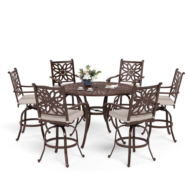 MAISON ARTS 7-Piece Cast Aluminum Patio Bar Stool Set, 6 Swivel Bar Stools and 1 Round Bar Height Table