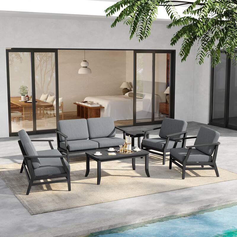 6-Seat Outdoor Teak Wood Patio Conversation Set with Cushions Tables