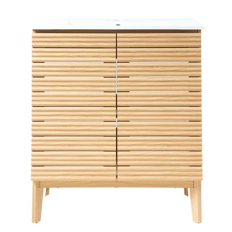 Javer Thin Linear Slat Modern Farmhouse 2-Shelf Bath Vanity Cabinet Only (Sink Basin not Included), by JONATHAN Y - 30 in. - Oak