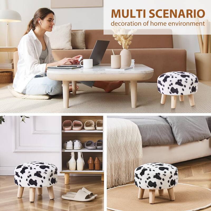 Plush Faux Fleece Round Ottoman Footstool with Wooden Legs and Cozy Seat for Living Room