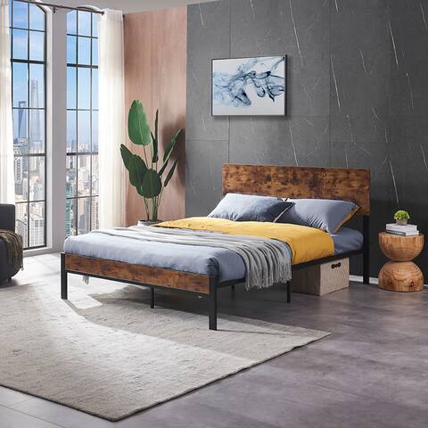 King Size Metal Bed Sturdy System Steel Bed Frame, Vintage Wooden Headboard and Footboard, Modern & Rustic style for Bedroom