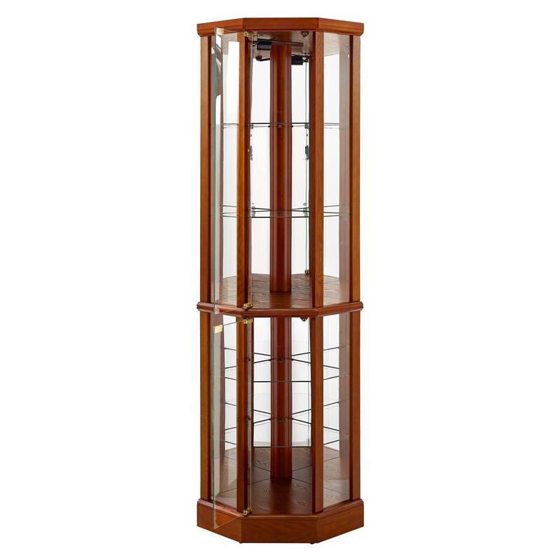 Corner Curio Cabinet with Lights, Floor Standing Display Cabinet, China Cabinet with Tempered Glass Shelves & Mirror Back