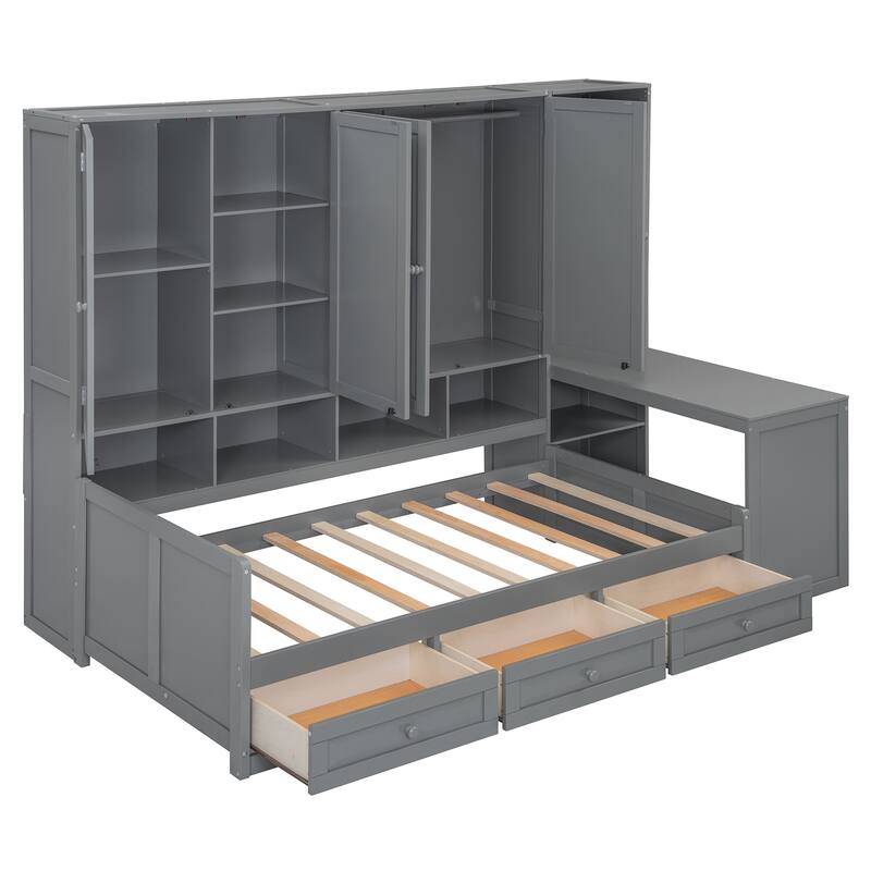 Wooden Daybed Frame All-in-One Bookcase Captains Bed with Storage Cabinet, Wardrobe, Side Writing Desk and 3 Bottom Drawers