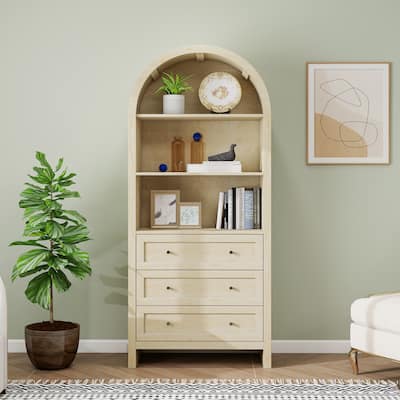 Roomfitters Arched Kitchen Pantry Cabinet, Modern Farmhouse Wood Storage Cabinet with 3 Drawers and Adjustable Shelves, Natural